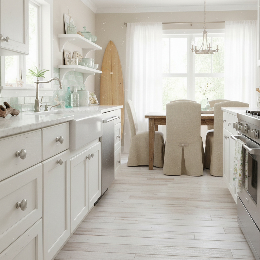Modern kitchen with white cabinets, marble countertops, and a dining area.