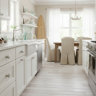 Modern kitchen with white cabinets, marble countertops, and a dining area.