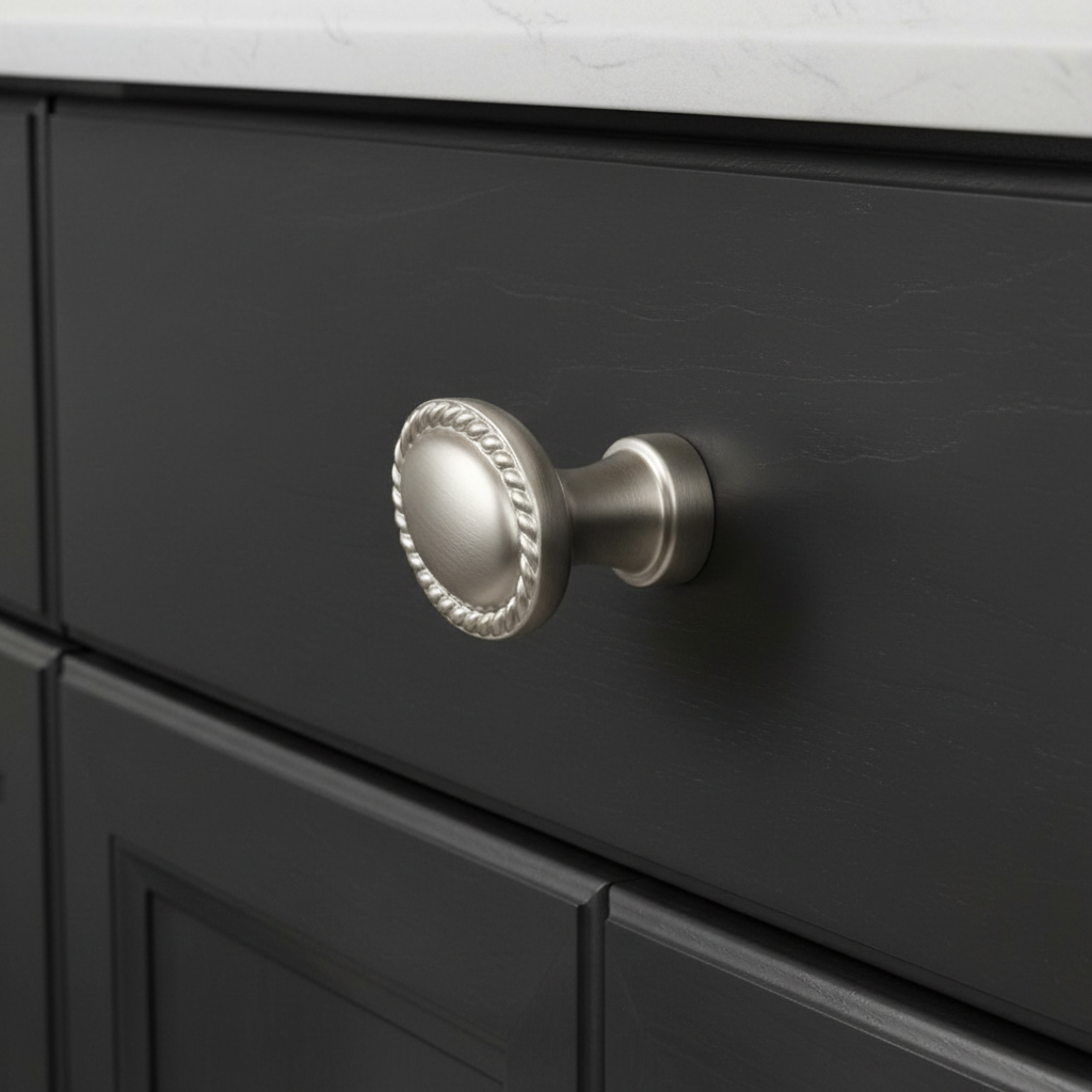 Decorative silver cabinet knob on a black kitchen drawer