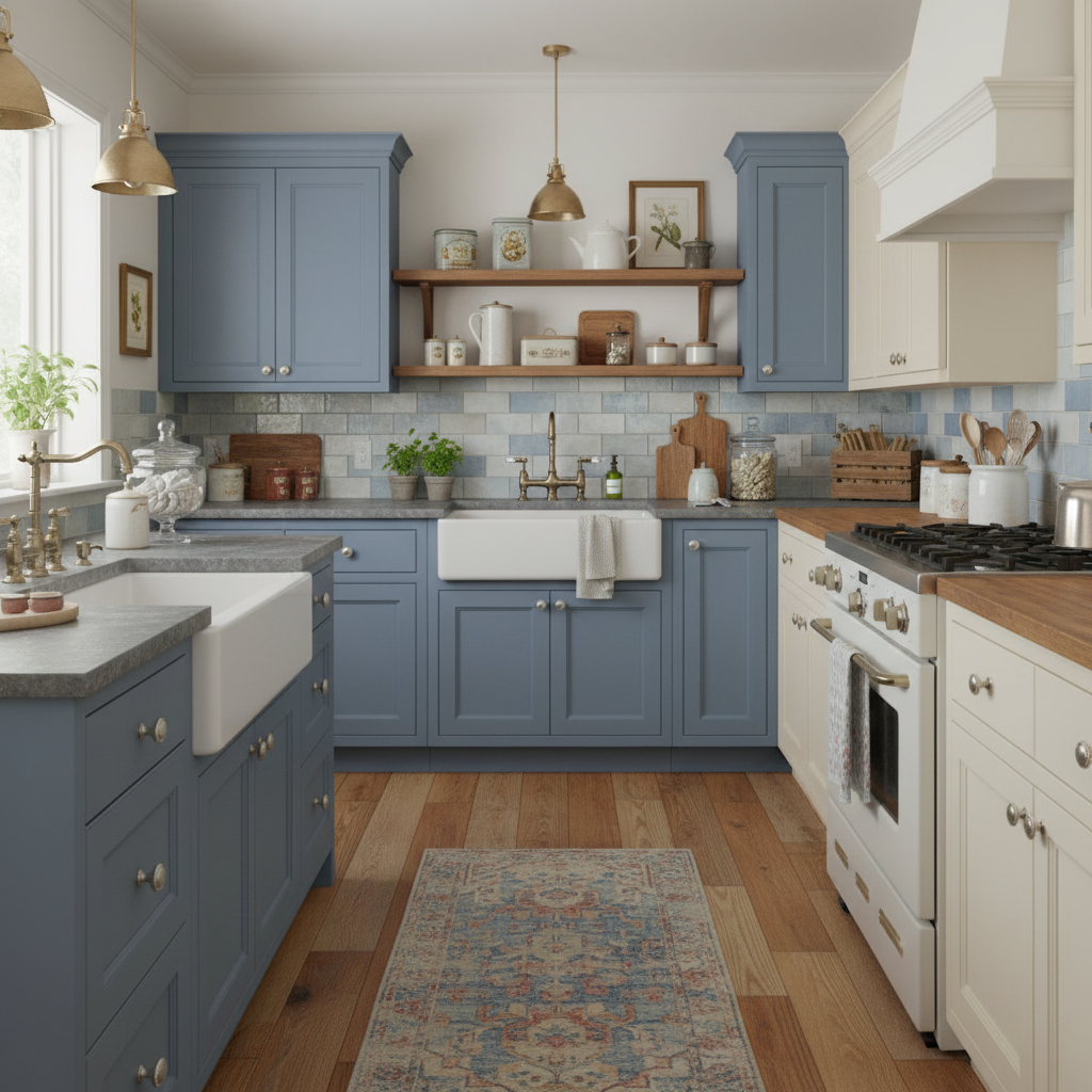 Satin nickel round cabinet knobs in a pretty country kitchen with cream and blue cabinets. 