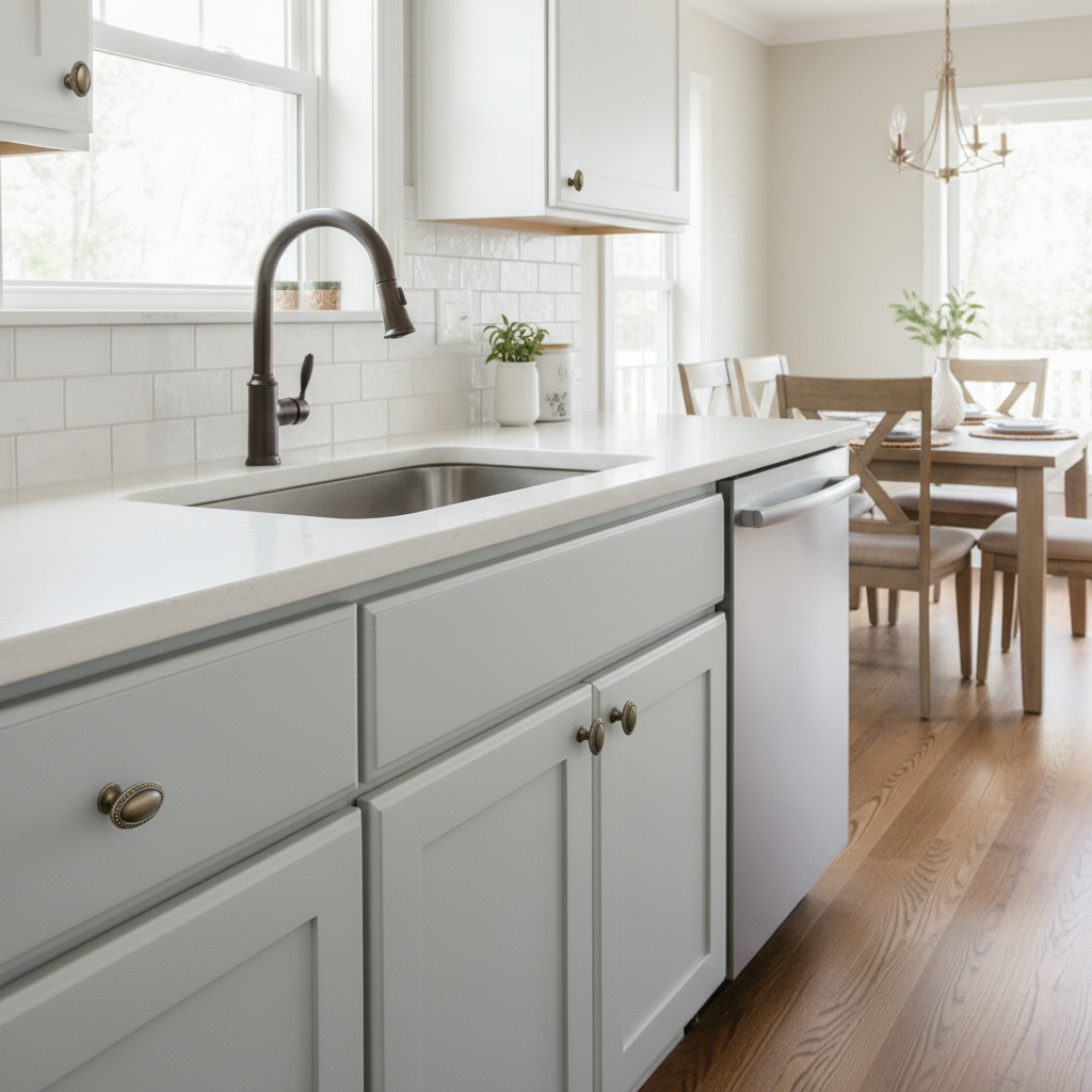 Modern kitchen with white cabinets, black faucet, and wooden flooring.