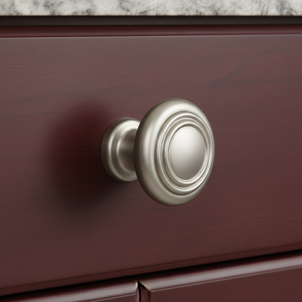 burgandy drawer with a satin nickel round cabinet knob