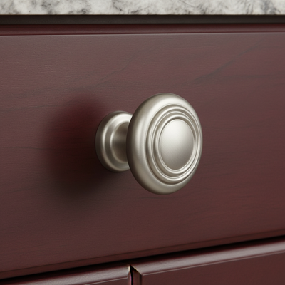 burgandy drawer with a satin nickel round cabinet knob