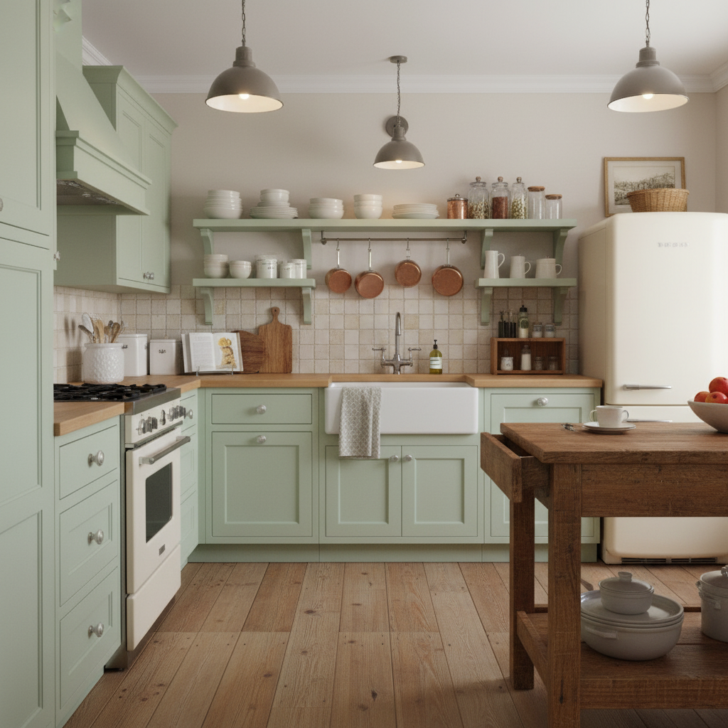 Modern kitchen with green cabinets, wooden countertops, and white appliances.