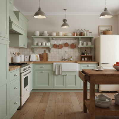 Modern kitchen with green cabinets, wooden countertops, and white appliances.
