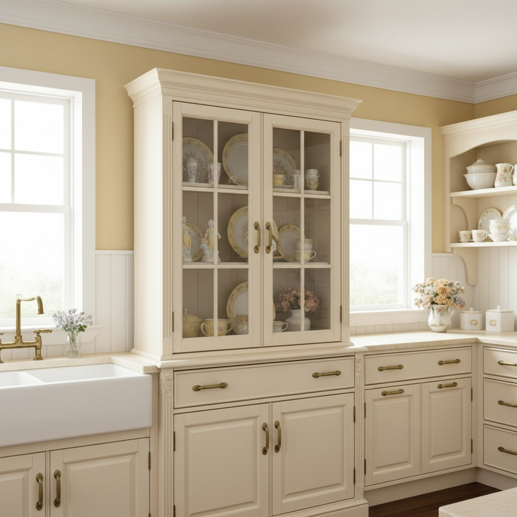 Brushed antique brass cabinet pulls installed in a beige kitchen with glass-fronted cabinet and white countertops