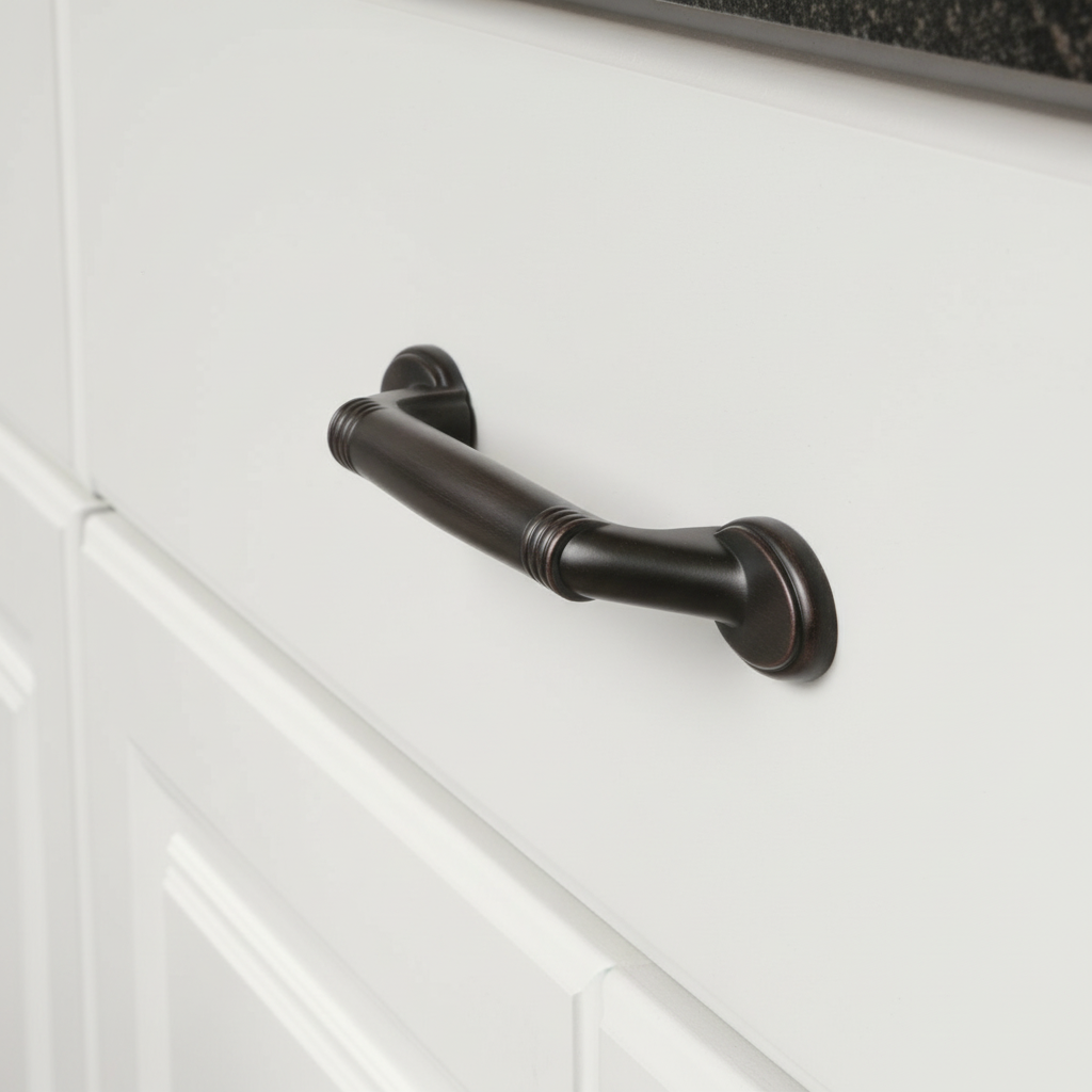 Black cabinet handle on a white cabinet door