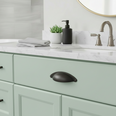 bronze bin pull on a bathroom vanity with light green cabinets, marble countertop, and bathroom accessories.