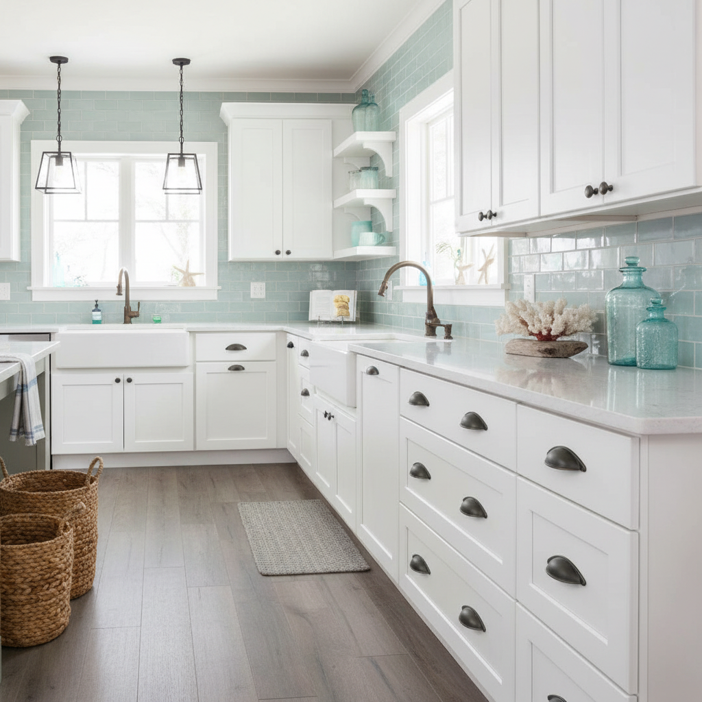 Oil rubbed bronze cup pull on a pretty coastal style kitchen with white cabinets, marble countertops, and decorative elements.