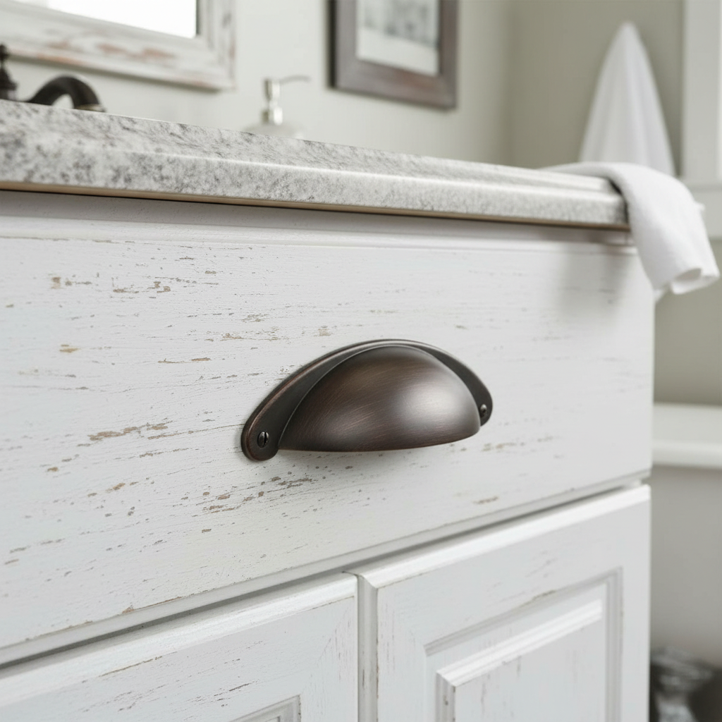 bronze brown cabinet handle on a weathered white cabinet with a towel in the background