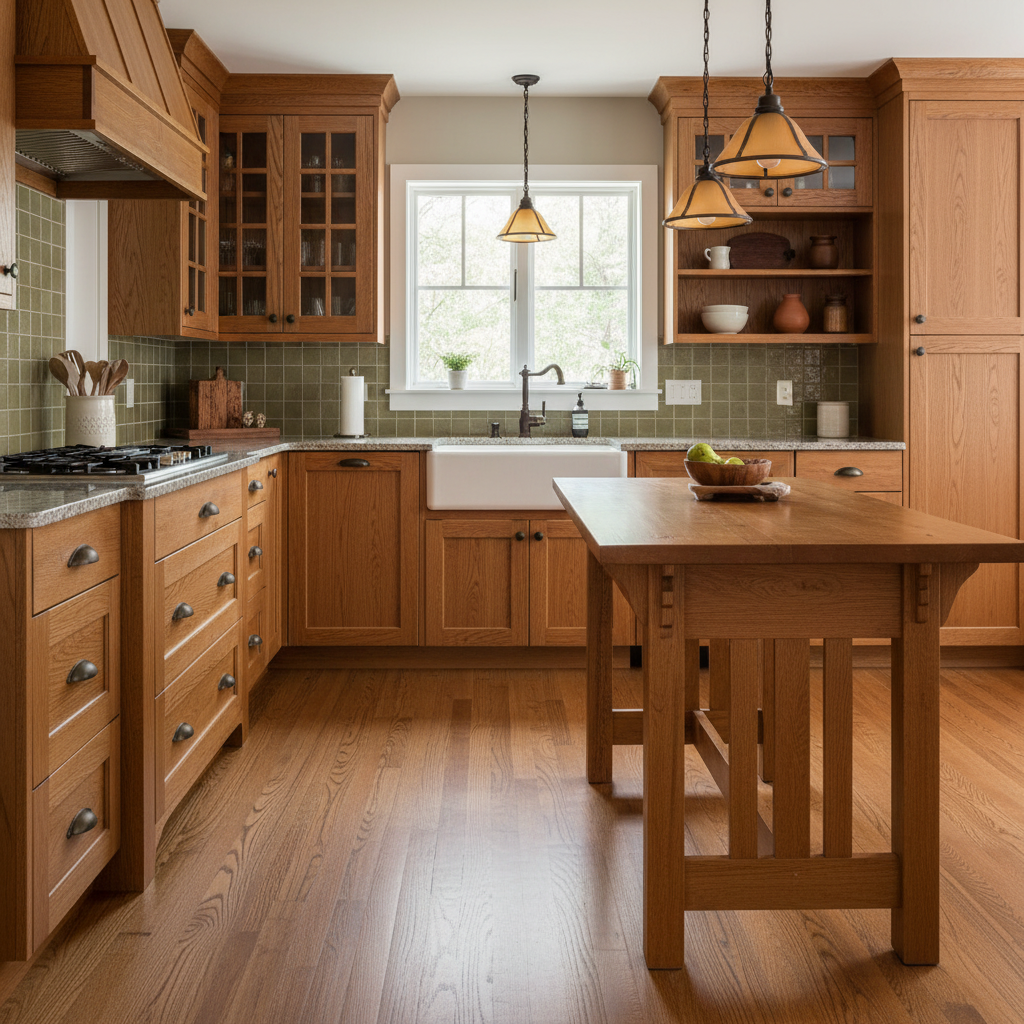 bronze cup bin pulls in a craftsman style wood kitchen 
