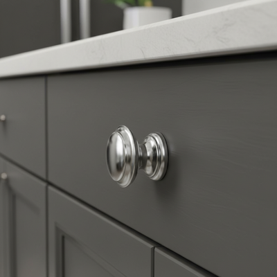 Close-up of a gray cabinet with silver knobs