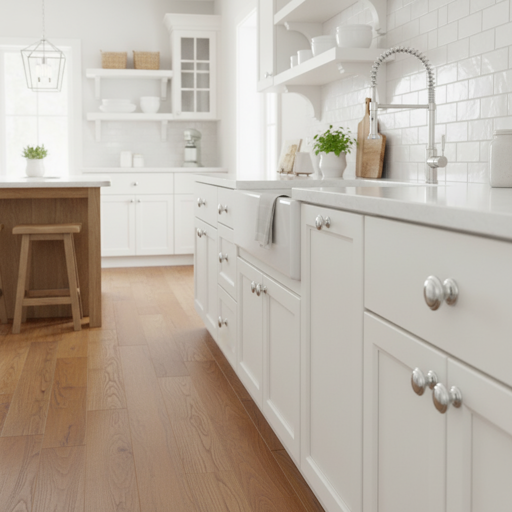 Modern kitchen with white cabinets, wooden floor, and white tiled wall.