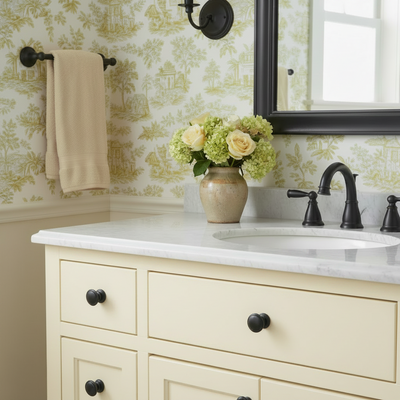black round knobs in a 
Bathroom vanity with floral arrangement, towel, and window