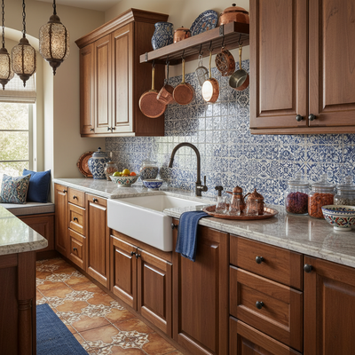 Cozy kitchen with wooden cabinets, a farmhouse sink, and decorative tiles on the wall.