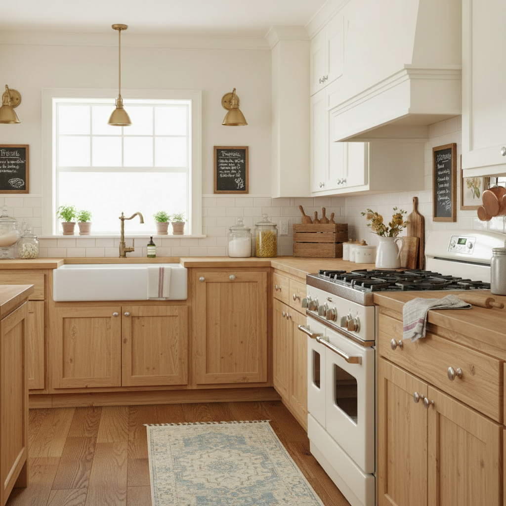 Modern kitchen with satin nickel round knobs on wooden cabinets, white appliances, and a window above the sink.