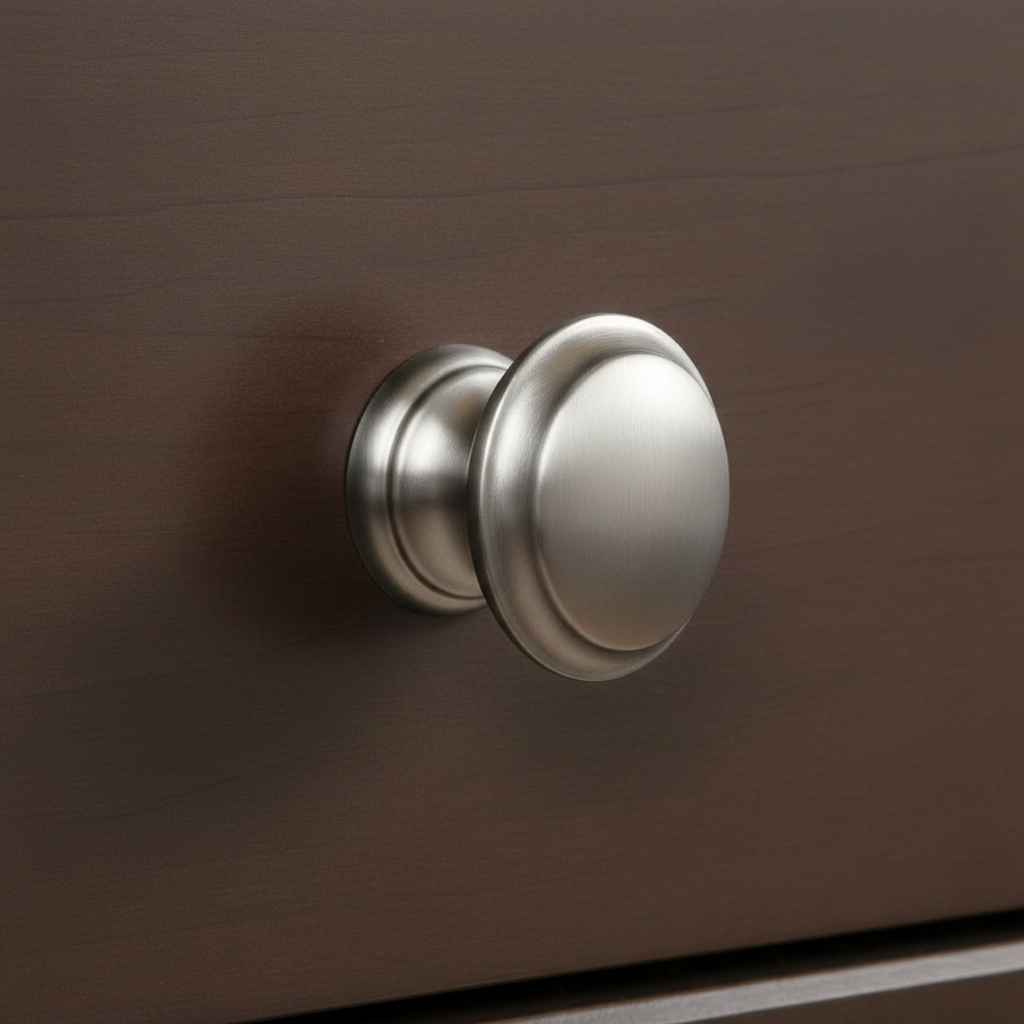 stain nickel round cabinet knob on a warm wood cabinet drawer 