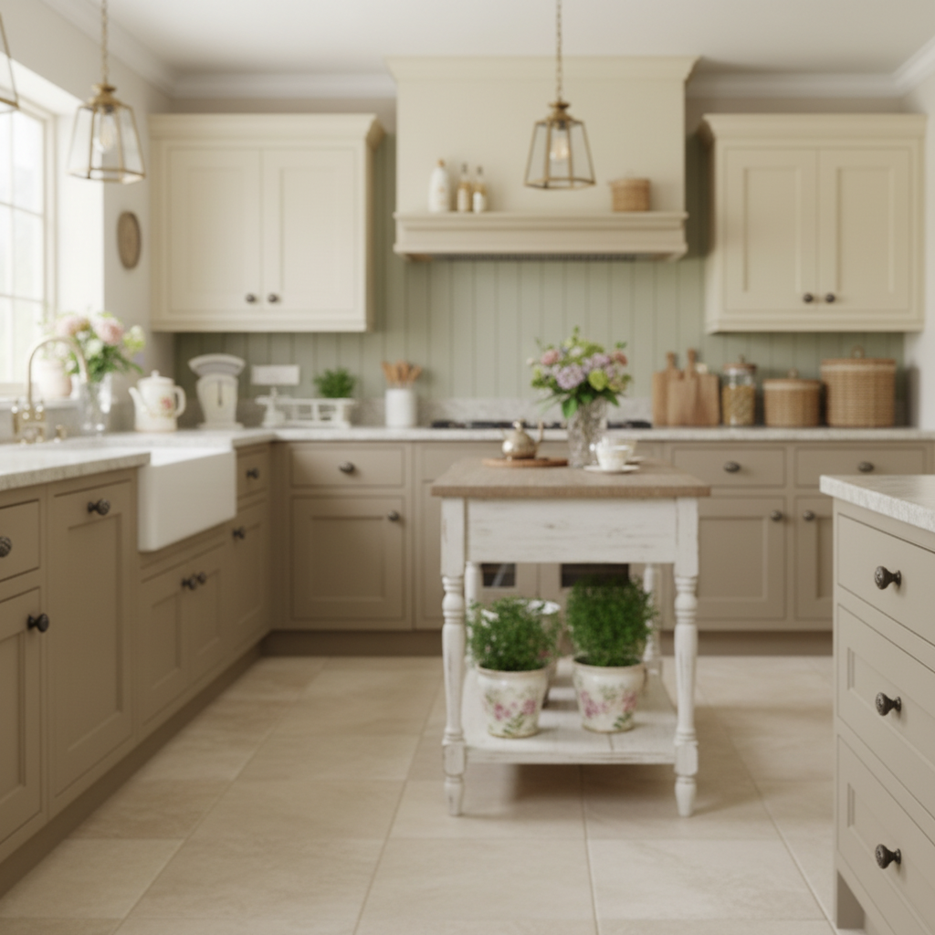 Beige kitchen with wooden island and decorative elements