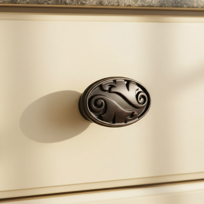 Decorative black handle on a beige surface