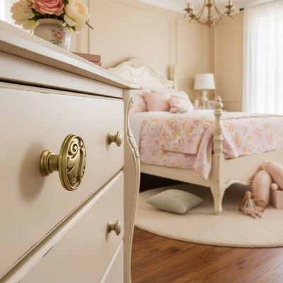 Neatly arranged bedroom with a dresser and bed featuring floral bedding.