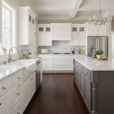 Modern kitchen with white cabinets, marble countertops, and stainless steel appliances.