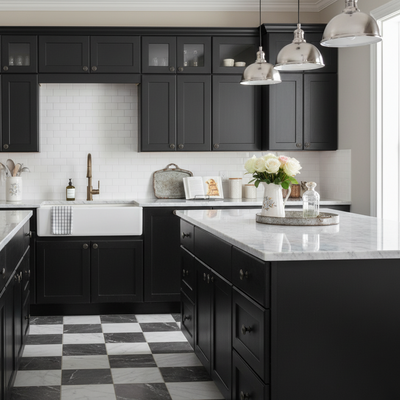 bistro kitchen with oil rubbed bronze cabinet knobs on black cabinets 
