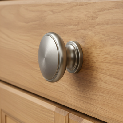 satin nickel round cabinet knob on a wooden drawer
