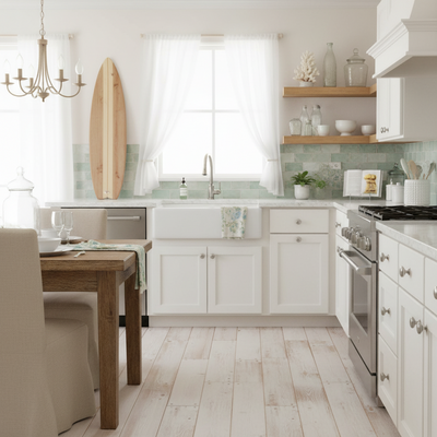 Satin nickel round knobs in a modern kitchen with white cabinets, green backsplash, and wooden dining table.
