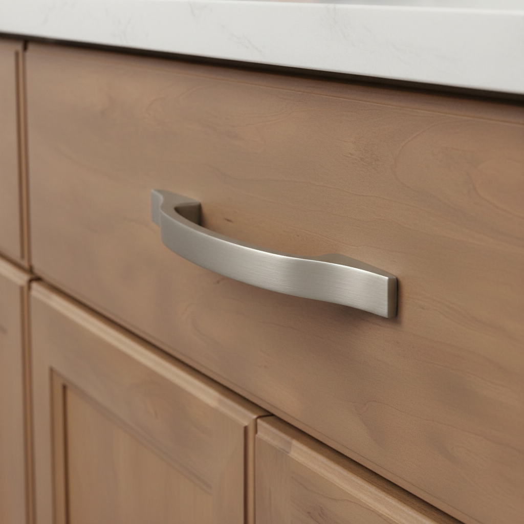  satin nickel by cosmas 4307sn on a wooden cabinet drawer
