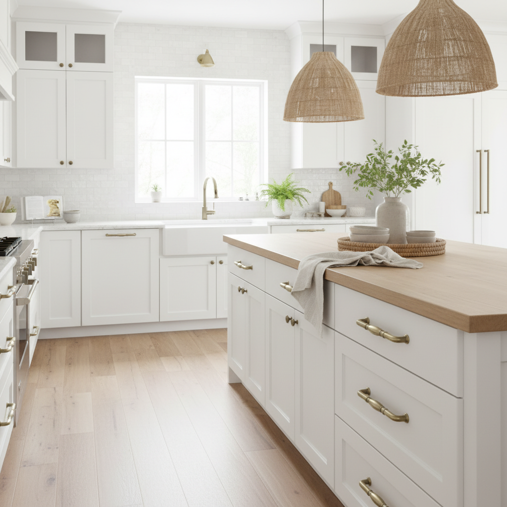 Brushed antique brass cabinet pulls installed on the drawers of a pretty California casual style kitchen. 