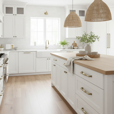 Brushed antique brass cabinet pulls installed on the drawers of a pretty California casual style kitchen. 