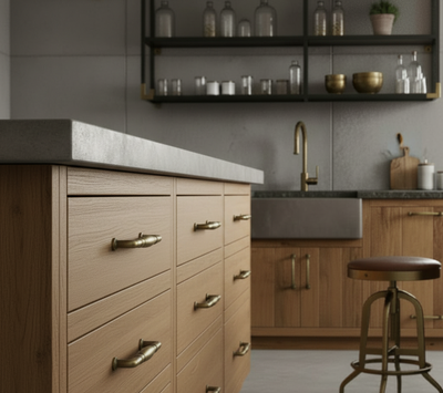 Brushed antique brass barrel cabient pull on a modern kitchen island with wooden island, sink, and shelves with decorative items.