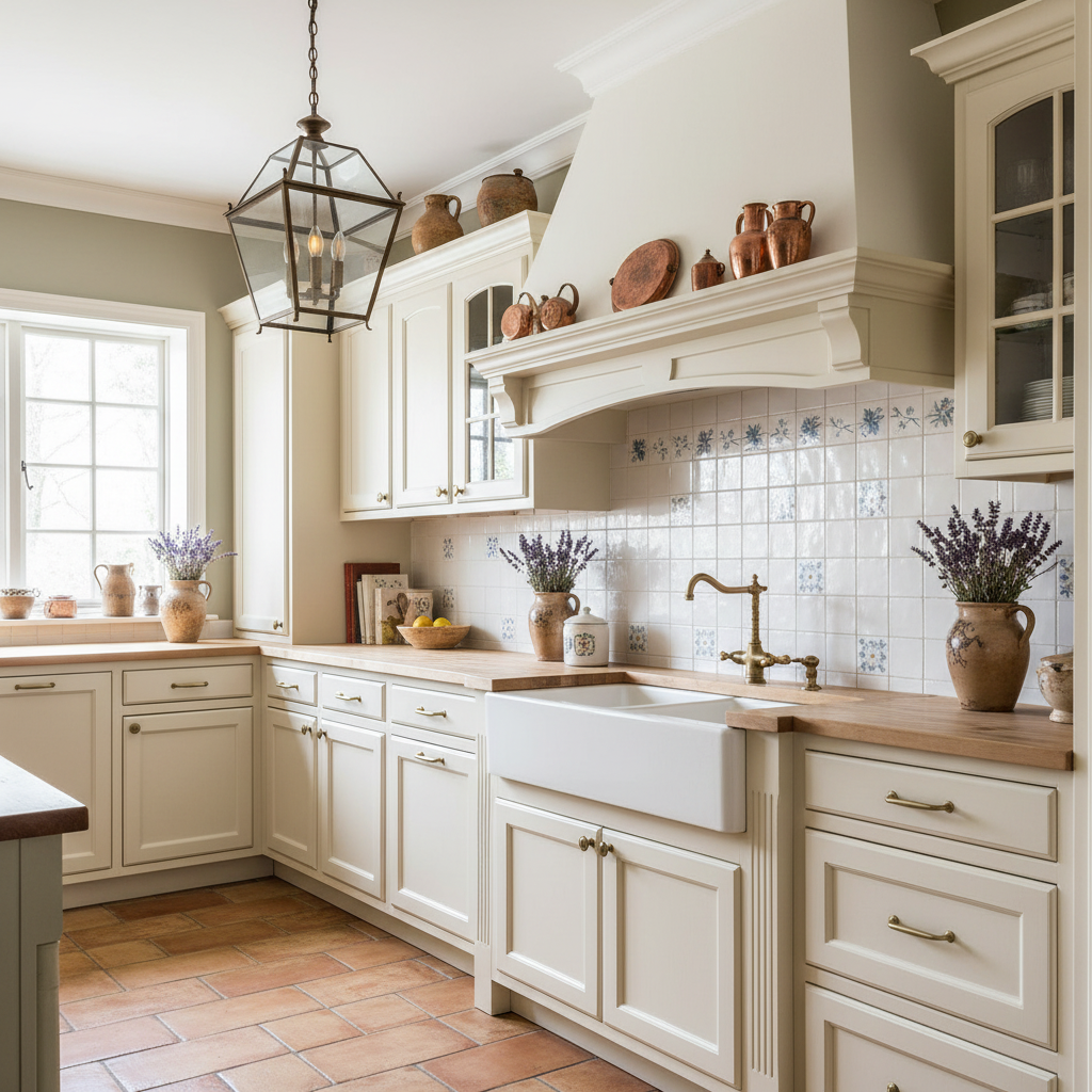 Antique brushed brass cabinet handles in a kitchen with white cabinets, wooden countertops, and decorative elements.
