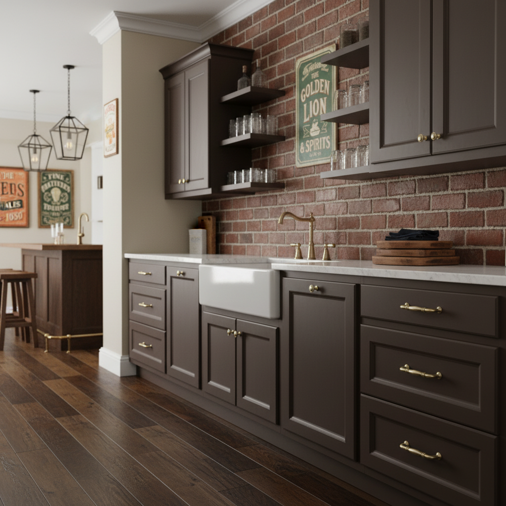 Brushed antique brass cabinet pulls installed in a English pub bar recreation bonus room with dark wood cabinets, brick wall, and vintage decor.