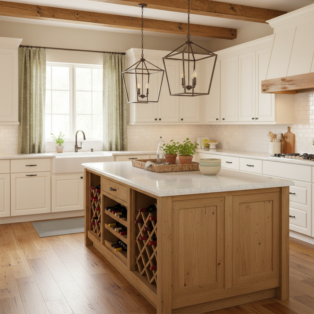 Modern kitchen with wooden island and white cabinets