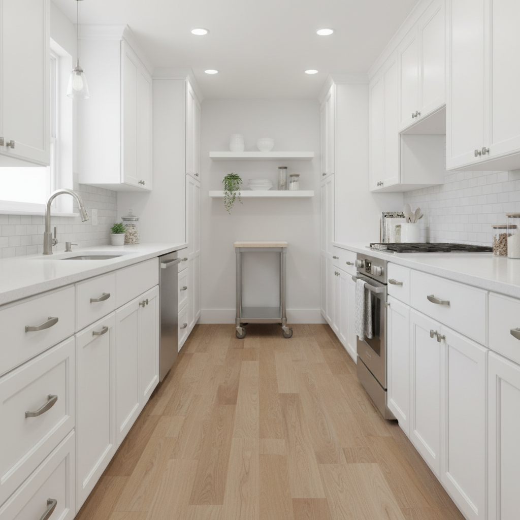 Modern kitchen with white cabinets, wooden floor, and stainless steel appliances.