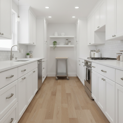 Modern kitchen with white cabinets, wooden floor, and stainless steel appliances.