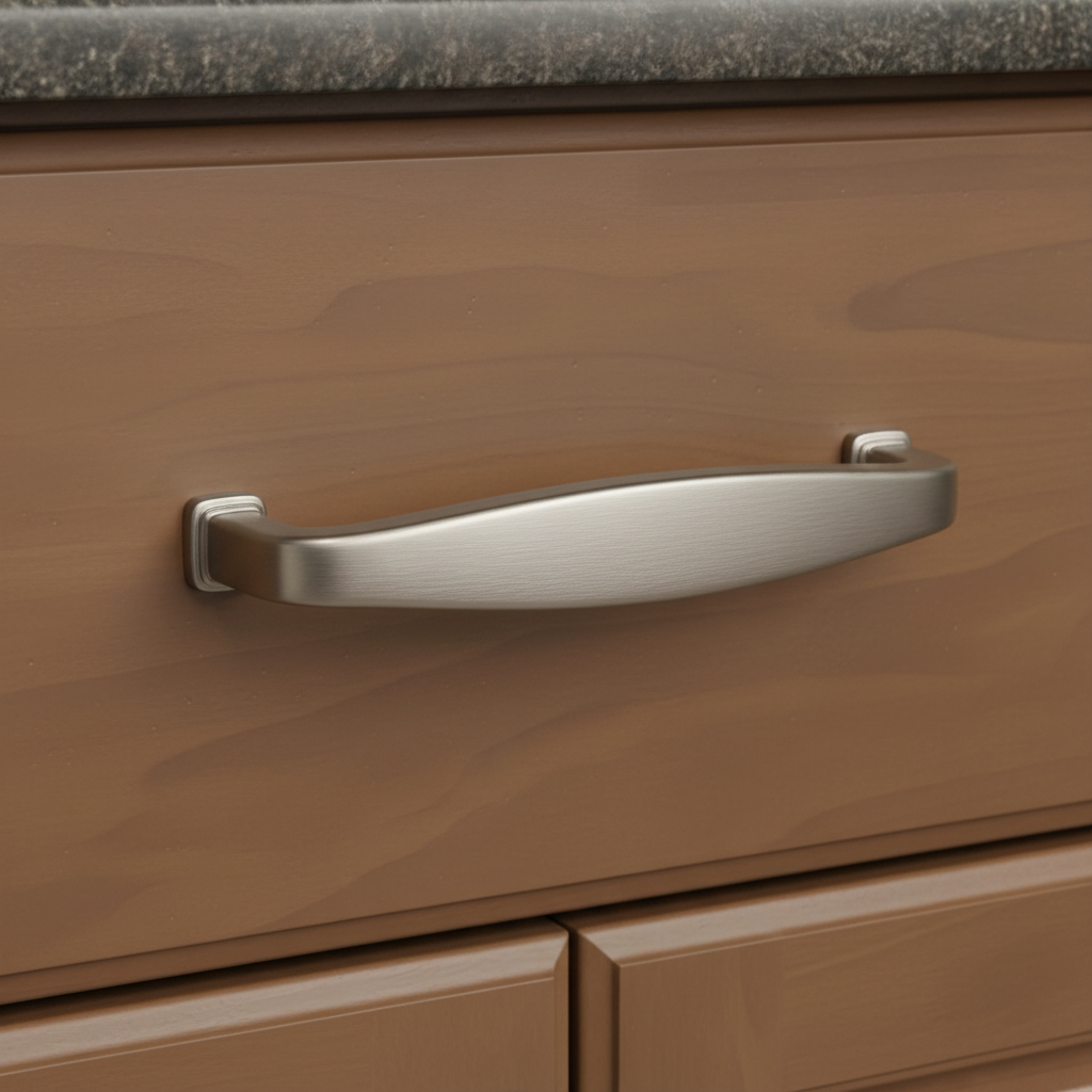 Solid metal cabinet handle on a brown drawer 