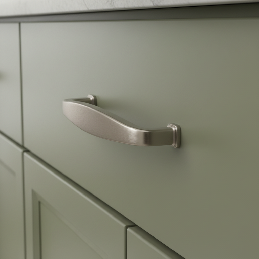 Metallic cabinet handle on a white background