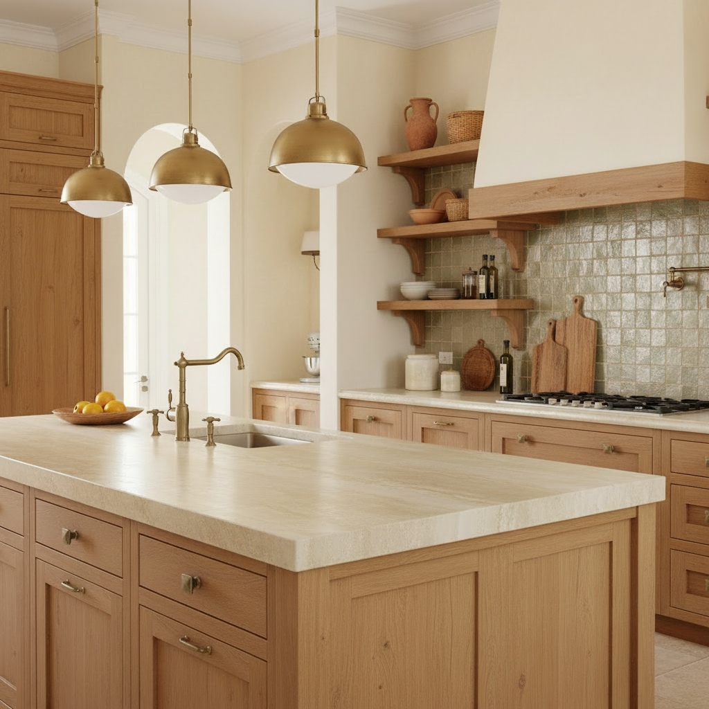 Modern kitchen with wooden cabinets, marble island, and gold pendant lights.