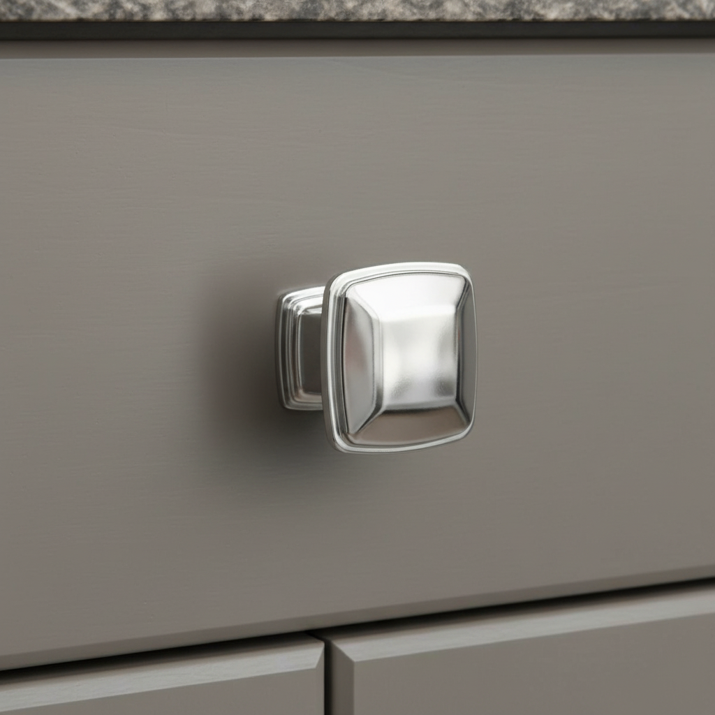 chrome square knob on a taupe cabinet drawer 