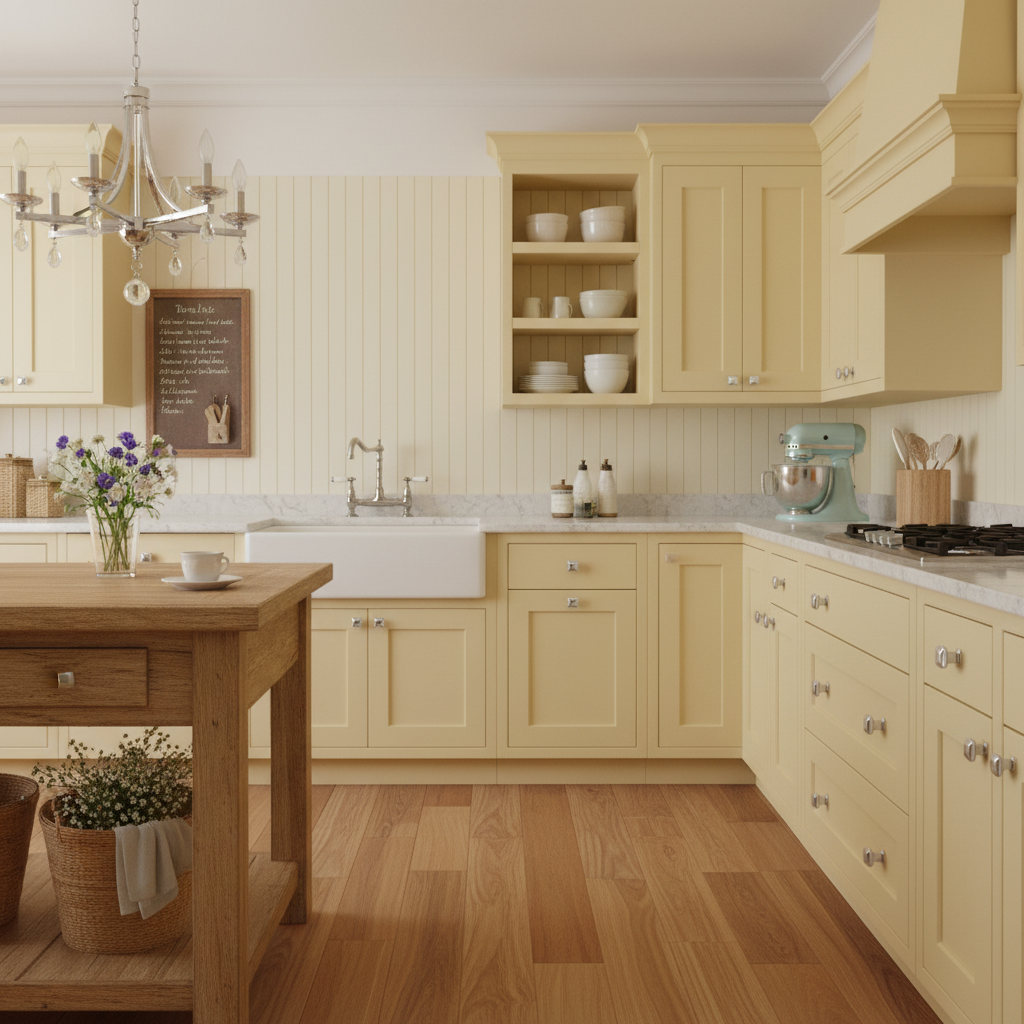 chrome square knob in a  yellow kitchen 