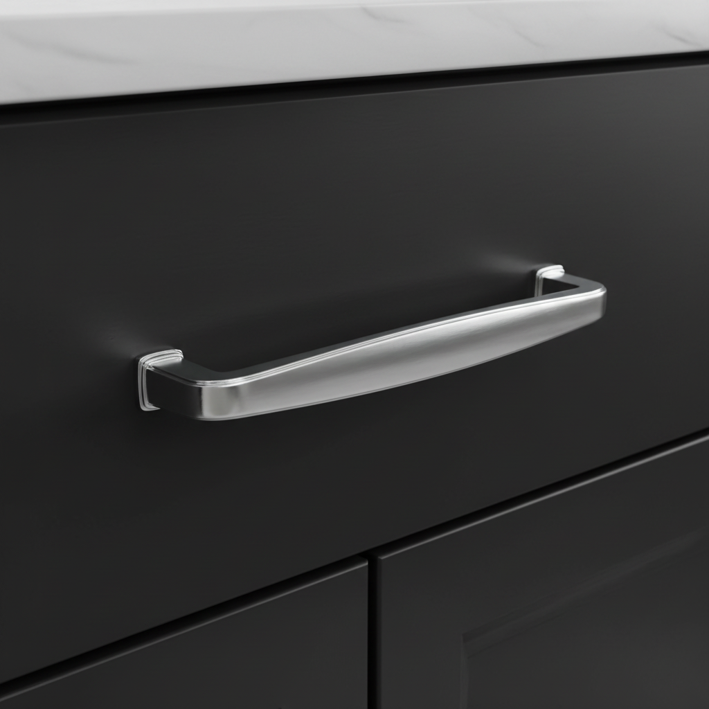 Chrome cabinet handle on a black kitchen cabinet