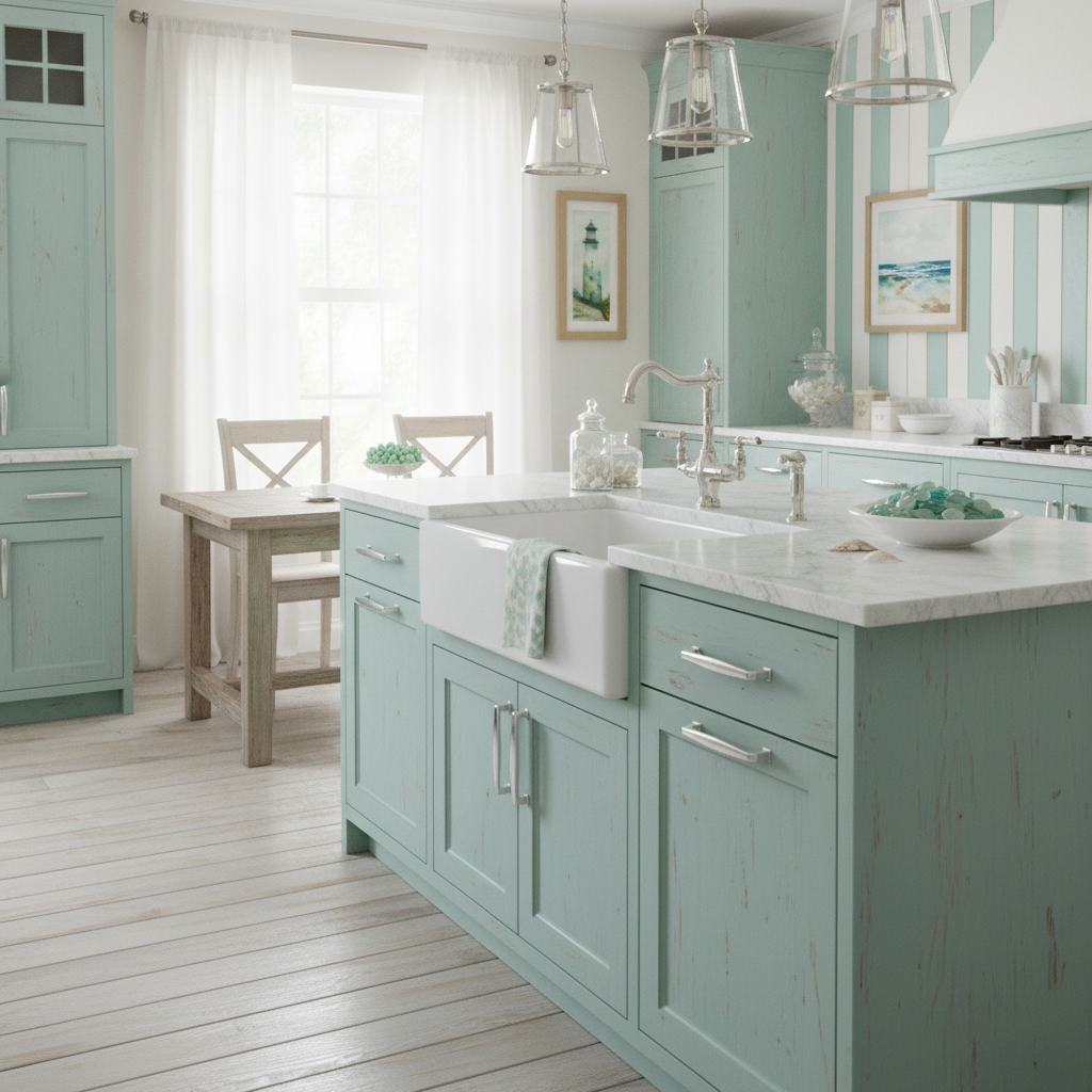 Chrome cabinet handle in a coastal shabby chic kitchen 