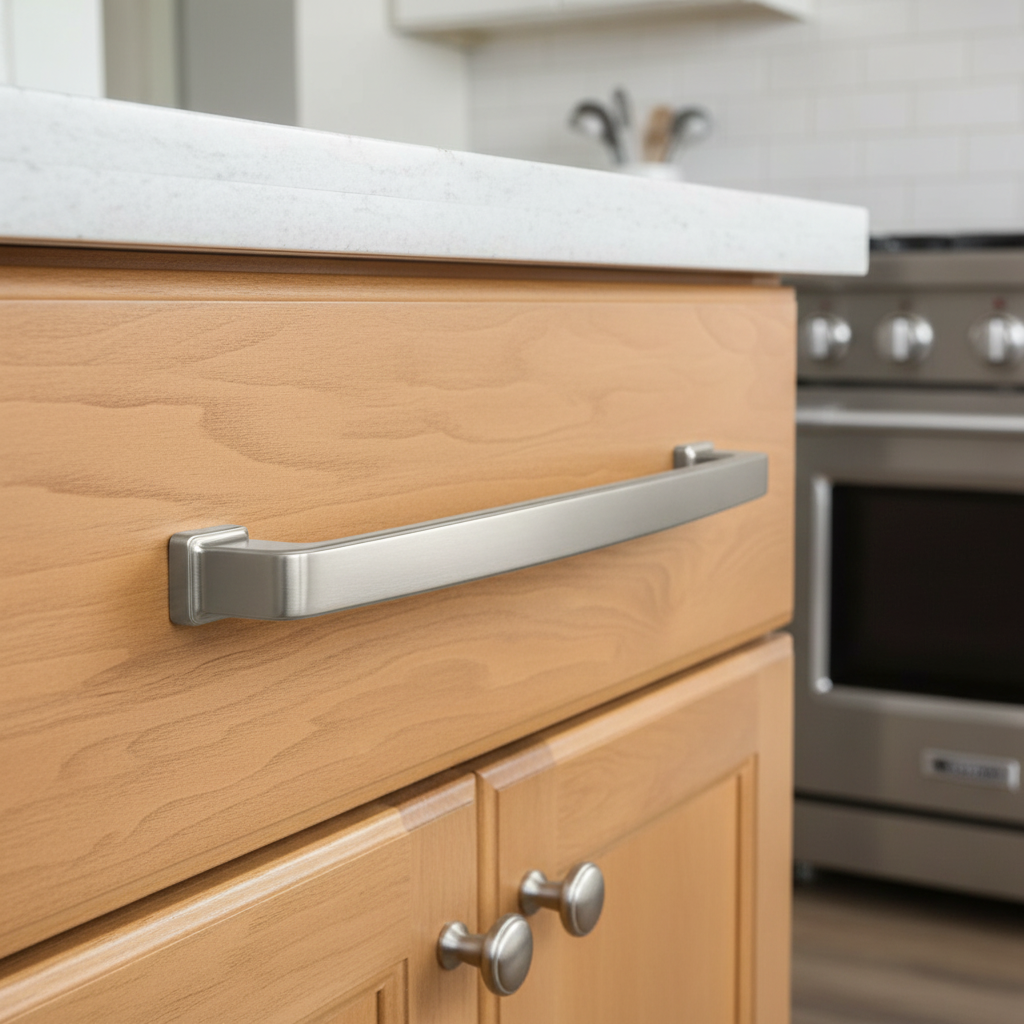Wooden kitchen cabinet with metallic handle and oven in the background