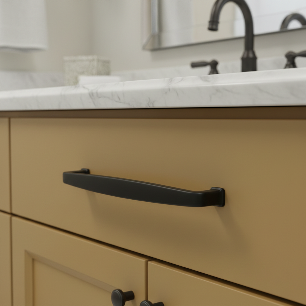 Black cabinet handle on a white background