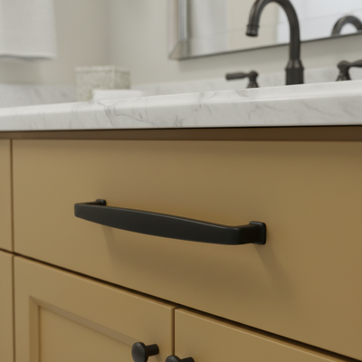 Black cabinet handle on a white background