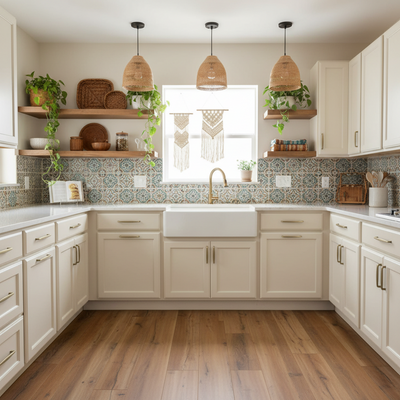 Brushed Antique Brass cabinet pulls installed in a modern kitchen with white cabinets, wooden floors, and decorative elements.