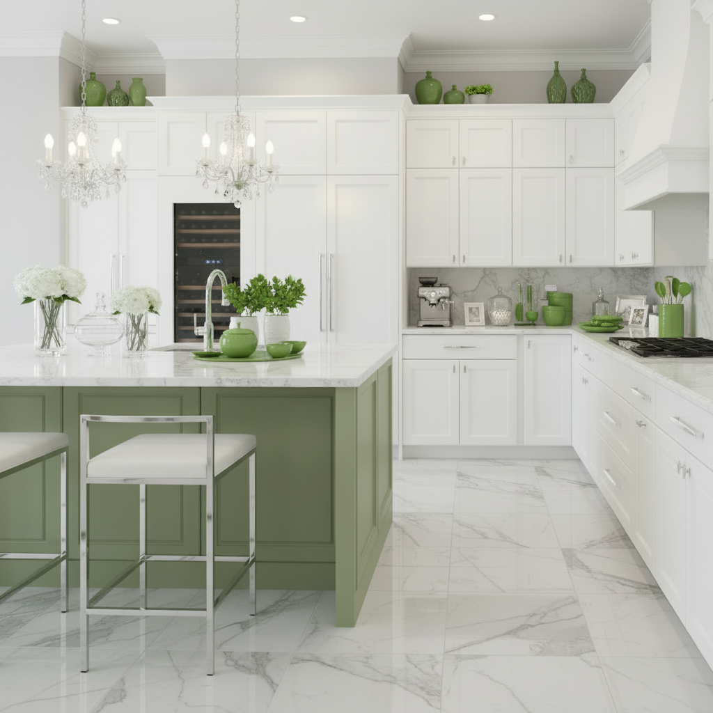 chrome pull handles on white cabinets in a modern kitchen with green accent decor