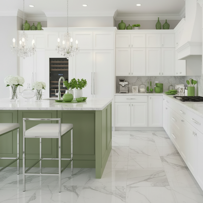chrome pull handles on white cabinets in a modern kitchen with green accent decor